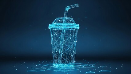 Digital Wireframe Takeaway Soft Drink Cup with Straw, Representing Technological Innovation in Retail and Modern Beverage Packaging