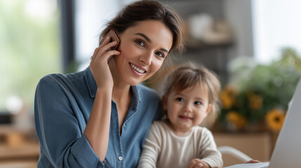 Faceless busy mom's morning woman making work call during family morning routine, multitasking parent, professional home balance, defocused person, with copy space