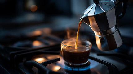 Geyser coffee maker pouring hot freshly brewed coffee into cup filmed from above in slow motion, Italian brewing method, stovetop espresso preparation, with copy space