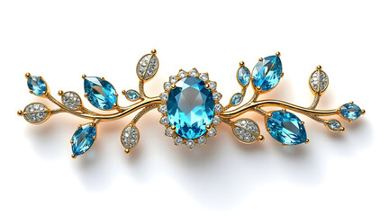 Delicate gold vine brooch with blue and clear gemstones, elegant jewelry piece with intricate leaf design and sparkling stones for stylish wear