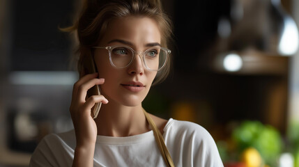 Faceless busy mom's morning woman making work call during family morning routine, multitasking parent, professional home balance, defocused person, with copy space
