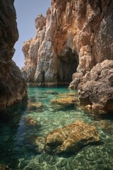 Turquoise water in a narrow rocky inlet, framed by tall orange-brown cliffs and a cave opening. Concept Turquoise water, Narrow rocky inlet, Tall orange-brown cliffs, Cave opening