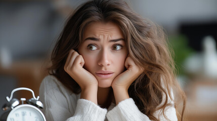 Faceless young woman shows distress near alarm clock, tousled hair wide eyes puffed cheeks convey shock morning dread, insomnia sleep disorder struggle late waking up issues, defocused person,