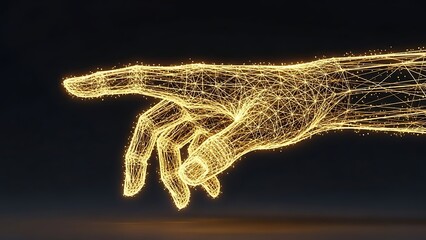 Golden digital wireframe hand pointing with a finger in a gesture of interaction or selection against a dark background.
