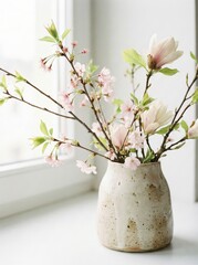 Spring cherry blossom and magnolia branches in ceramic vase