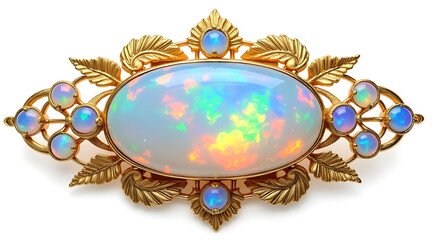 Opal gemstone brooch with gold leaf design and iridescent blue and orange colors, elegant vintage jewelry accessory