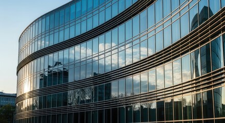 Modern curved glass office building facade reflecting blue sky and clouds in an urban corporate environment, showcasing contemporary architecture.