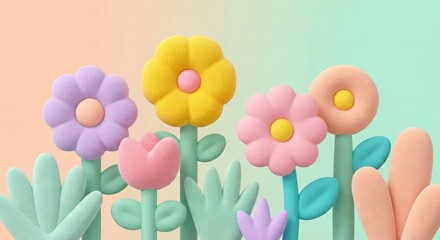 Pastel 3d flowers growing in playful digital garden