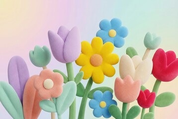 Colorful claymation flowers blooming on pastel background