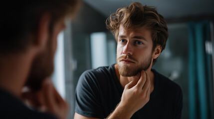 Faceless man shaving in front of mirror with daily ritual text, male grooming routine, facial hair maintenance, bathroom personal care, defocused person, with copy space
