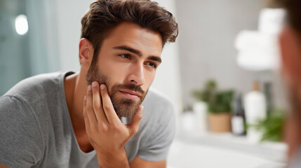 Obraz premium Faceless man shaving in front of mirror with daily ritual text, male grooming routine, facial hair maintenance, bathroom personal care, defocused person, with copy space
