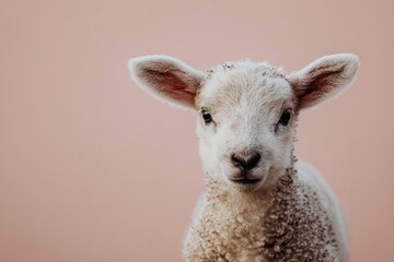 Fototapeta premium Adorable young lamb with fluffy white wool, facing forward, on a soft pink background