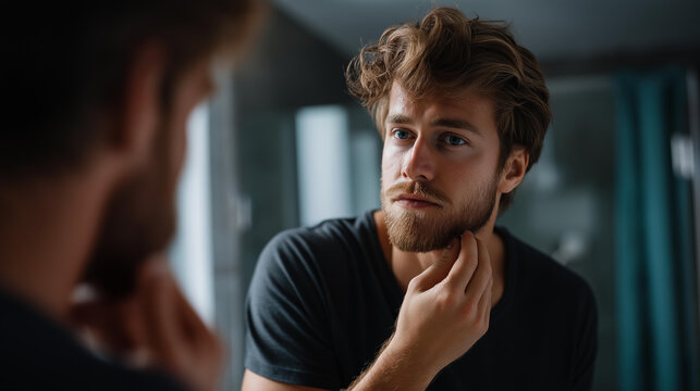 Faceless man shaving in front of mirror with daily ritual text, male grooming routine, facial hair maintenance, bathroom personal care, defocused person, with copy space - Powered by Adobe