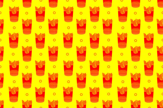 French frice seamless pattern. Seamless french frice pattern design. Fast food pattern background. Hand drawn french frice pattern. 