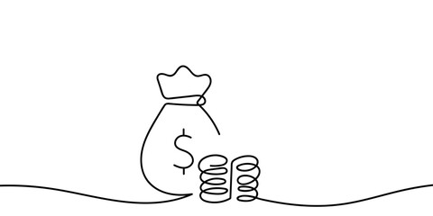 Continuous line art, icon style money bag and coins, illustration of business and finance concept. One line drawing minimalist Editable stroke.