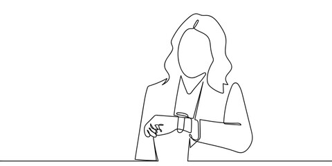 The continuous artistic line a woman checking the time on her wristwatch. One line drawing minimalist Editable stroke.
