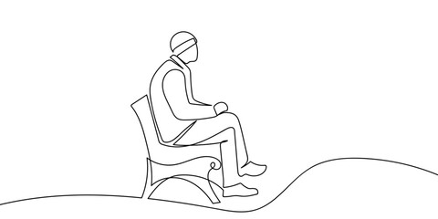 A continuous artistic line drawing of a person sitting on a bench. One line drawing minimalist Editable stroke.