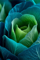 Obraz premium Abstract macro photography of vibrant green and blue cabbage leaves with intricate vein patterns