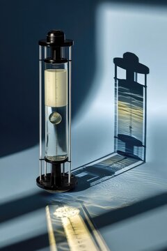 Vertical glass viscometer with a floating sphere inside a liquid-filled tube, mounted in a metal frame. Concept Vertical glass viscometer, Floating sphere in liquid, Liquid-filled tube