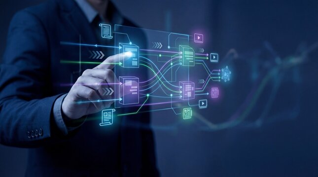 A businessman interacting with a futuristic digital interface in a dark room - Powered by Adobe