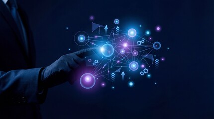 A businessman interacting with a futuristic network of glowing blue and purple icons and symbols