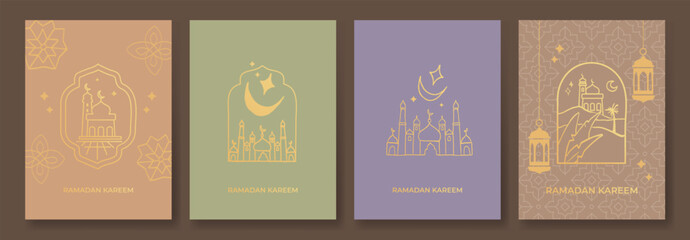 Naklejka premium Minimal Ramadan Kareem and Eid Mubarak poster set with mosques, crescent moon, lanterns and Islamic symbols. Soft pastel backgrounds and elegant outlines for cards, posters and social media.