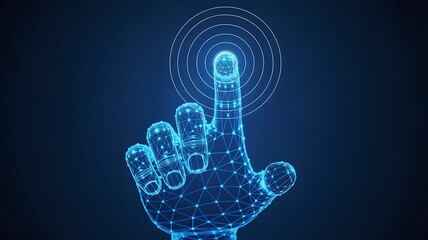 Glowing Blue Wireframe Hand Touching a Digital Interface with Concentric Circles Representing Modern Touchscreen Technology and Interactive Data