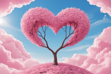 Heart shaped pink tree on hill with pink leaves and clouds heart shaped tree cherry blossom tree