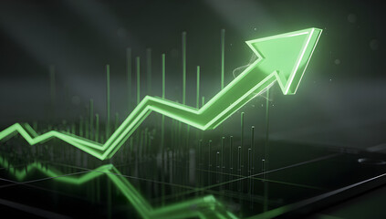 Naklejka premium Neon green rising financial line chart with vertical bars on a dark reflective surface, ending in a bright glowing upward arrow, cinematic tech lighting, AI Generated.