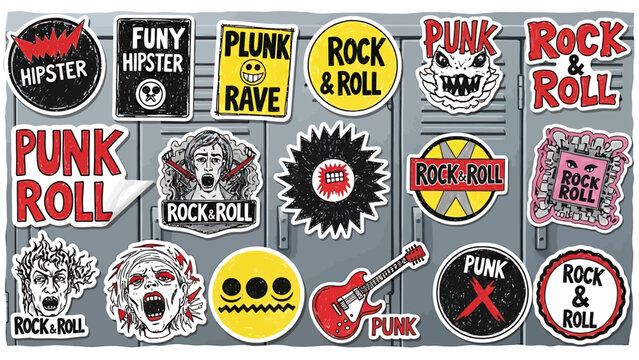 Diverse collection of punk rock and roll graphics and stickers for creative projects and designs