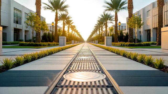 Symmetrical modern business campus walkway with palm trees sunrise light clean architectural perspective and upscale urban environment
