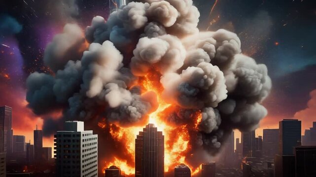 Apocalyptic cityscape with massive explosion and fire in a war-torn urban environment at night for disaster or conflict backgrounds