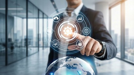 Business process automation,modern enterprise system interface with technology icons for cloud,security,data,analytics and network