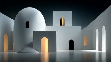 Minimalist White Architecture with Warm Orange Glow  