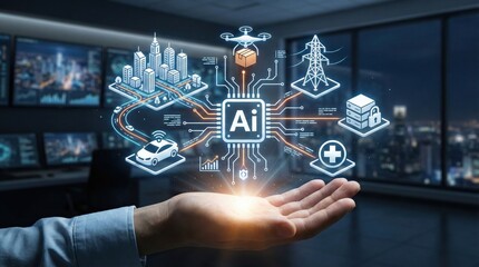 Artificial intelligence revolutionizing modern industries,AI chip connecting smart city,autonomous vehicles,drone delivery,power grid,healthcare,cybersecurity and cloud storage