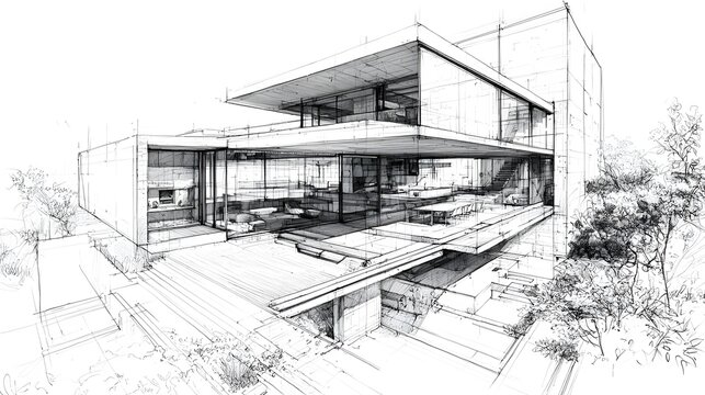 Modern villa sustainable design residential line drawing picture
