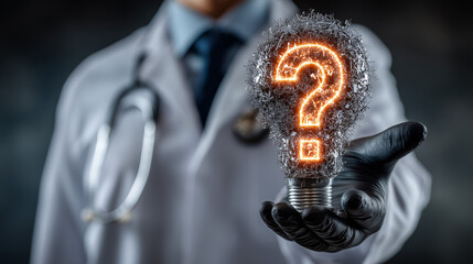 Doctor Holding Glowing Question Mark Lightbulb  