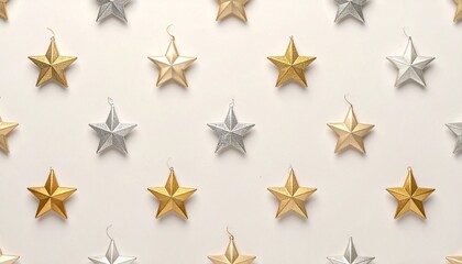 Gold and silver 3D star ornaments arranged in grid on light background with festive symmetry