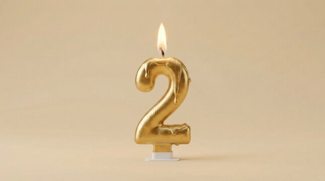 Golden birthday number candle shaped as number 2,melted wax dripping and flame burning on minimal beige background