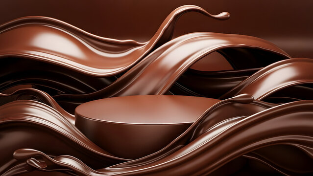 Rich chocolate flows over a round pedestal smooth and glossy texture dark brown background