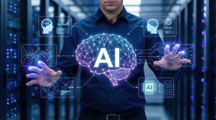 Artificial intelligence and machine learning innovation,AI brain interface data analysis technology concept,neural network digital transformation in data center