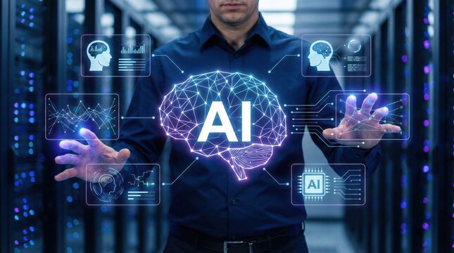 Artificial intelligence and machine learning innovation,AI brain interface data analysis technology concept,neural network digital transformation in data center - Powered by Adobe