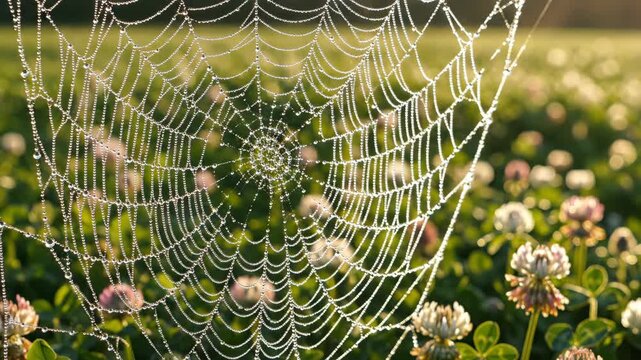 Close up of a spider web with dew drops in a clover field. Glistening cobweb at sunrise in a green meadow. Nature and morning freshness concept
