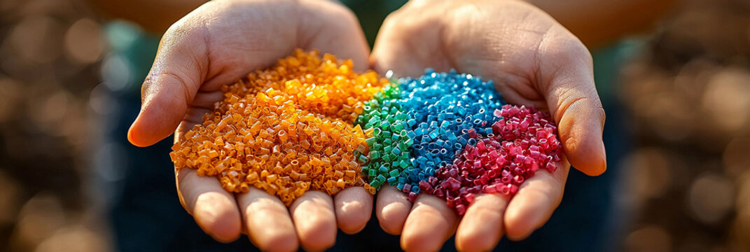 Holding colorful recycled plastic granules in hands Generative AI