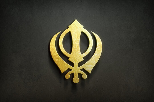 Gold Khanda Sikh symbol 3D render on dark background
