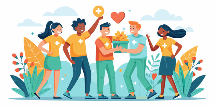 Happy volunteers exchange a full container of harvested goods, celebrating successful charity work and community support.