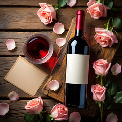 A bottle of wine and a glass on a wooden table with pink roses and petals