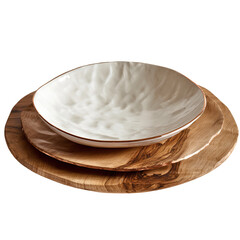 Textured white bowl atop a rough-edged wooden plate and smooth wood platter