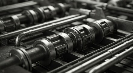 Abstract close-up of industrial machinery. Heavy metal parts and pipes. Concept of mechanism, factory and production lines.