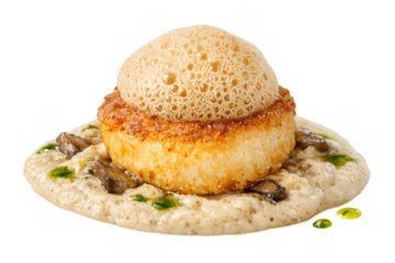 Seared scallop resting on creamy mushroom risotto with culinary foam, a gourmet dish on transparent background